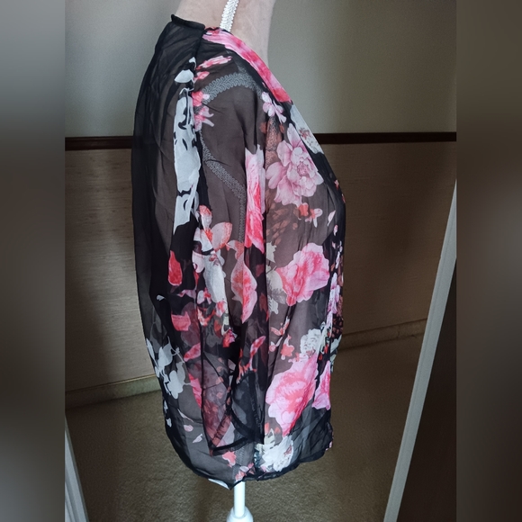 Zanzea ~ Black Pink Sheer Floral Chiffon Kimono – Lightweight Open Front - Picture 11 of 13